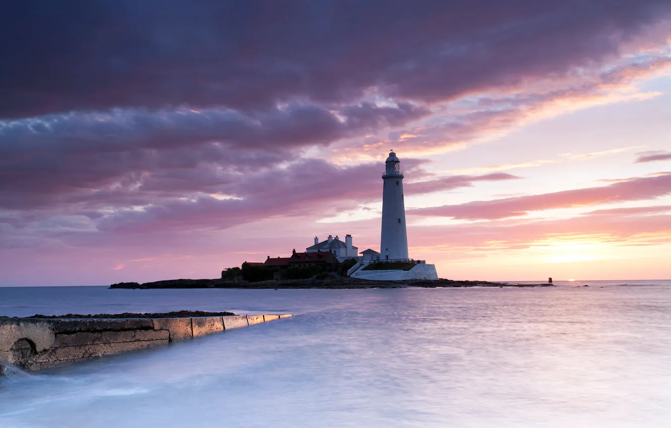 Photo wallpaper roof, sea, the sky, the sun, clouds, sunset, paint, lighthouse