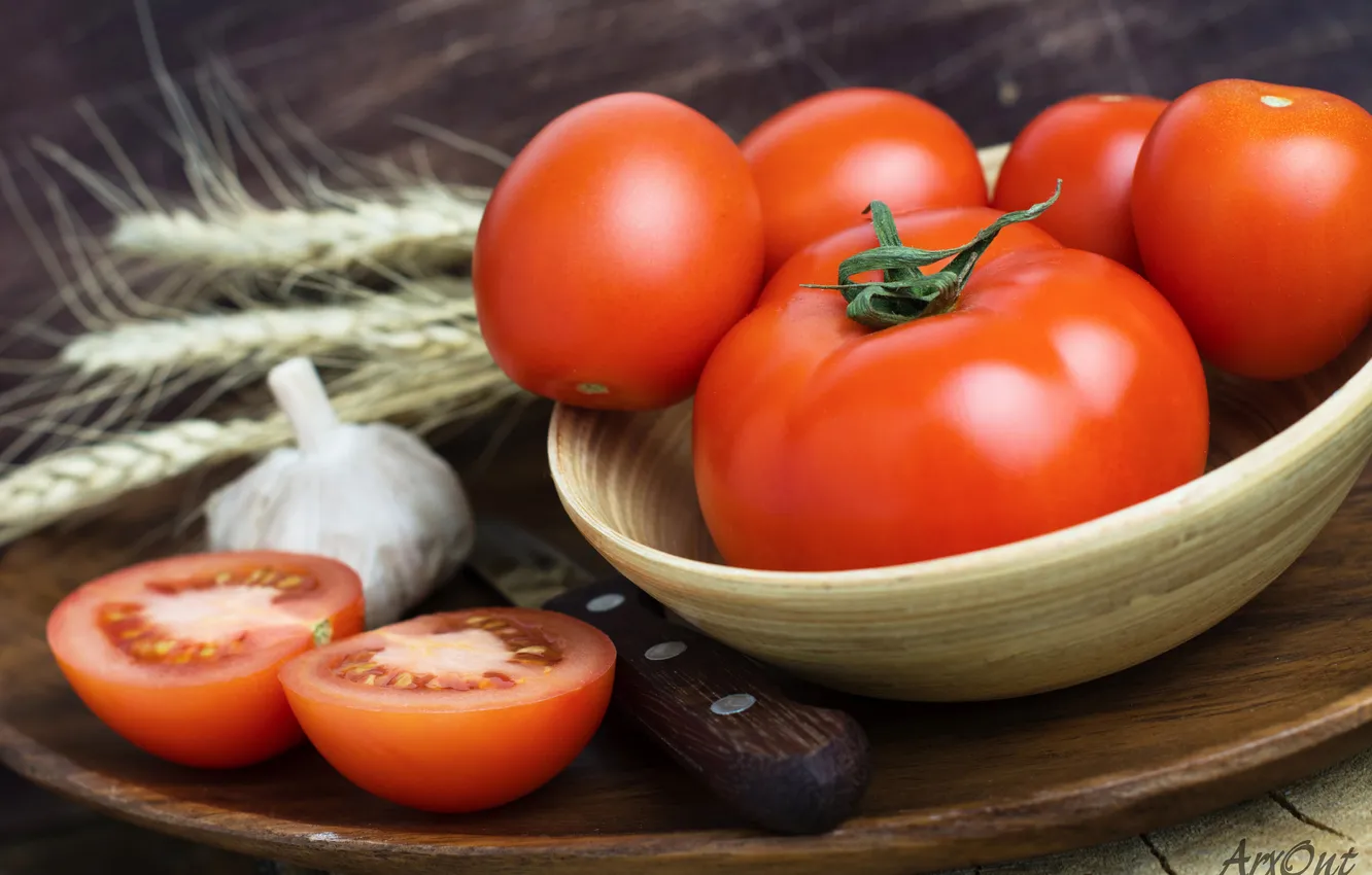 Photo wallpaper spikelets, tomatoes, garlic
