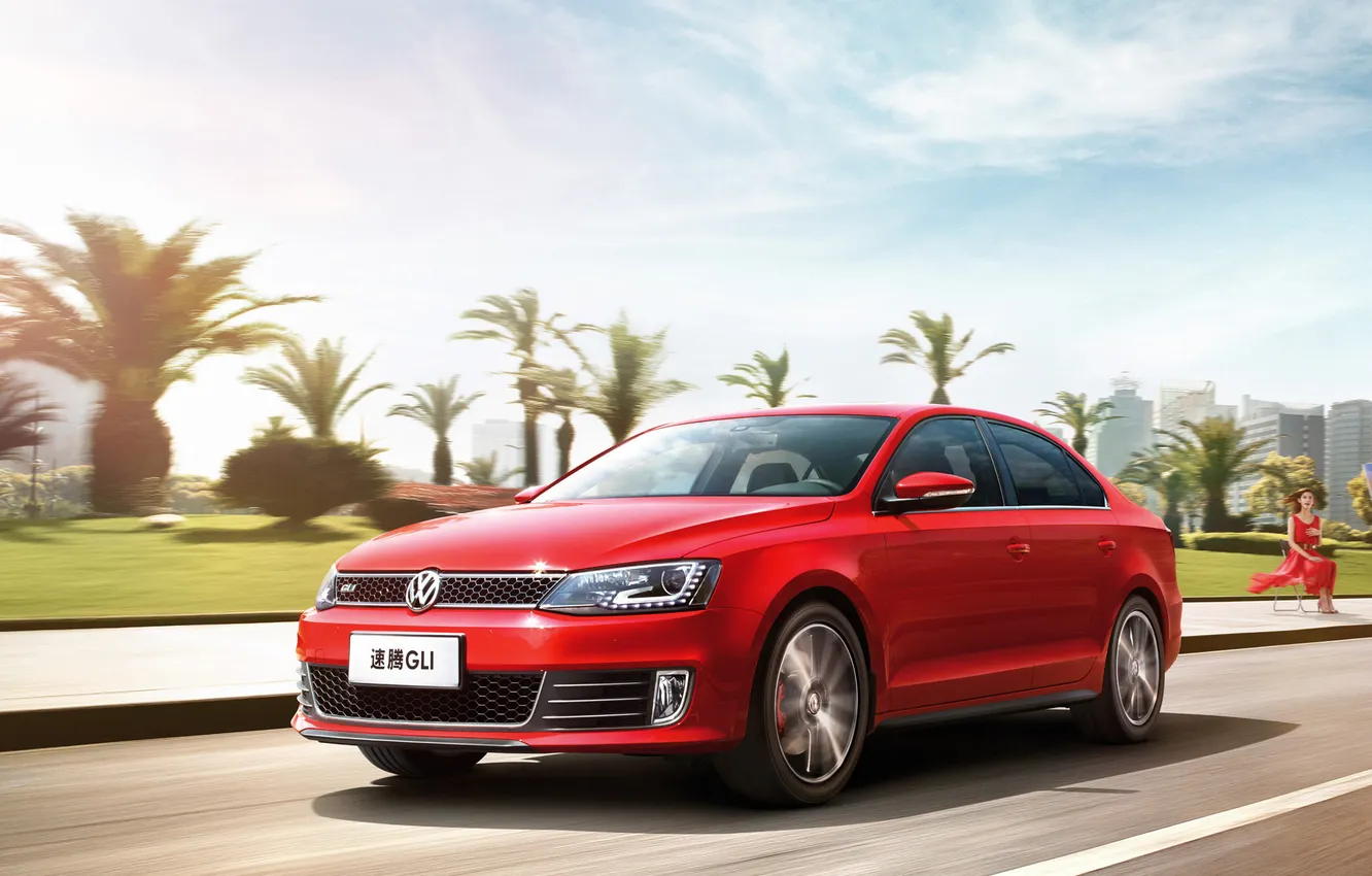 Photo wallpaper car, Volkswagen, red, road, speed, GLI, Sagitar