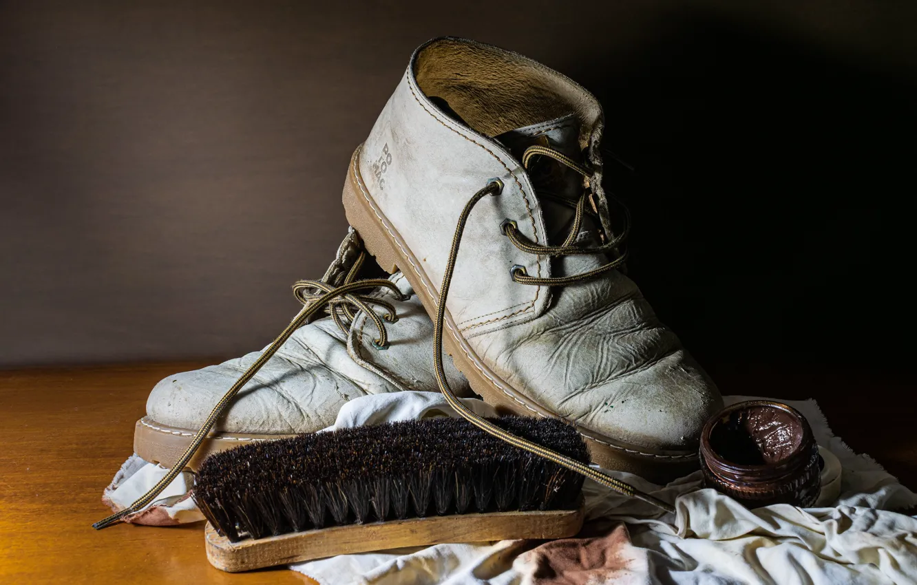Photo wallpaper the dark background, grey, shoes, shoes, brush, still life, laces, rag