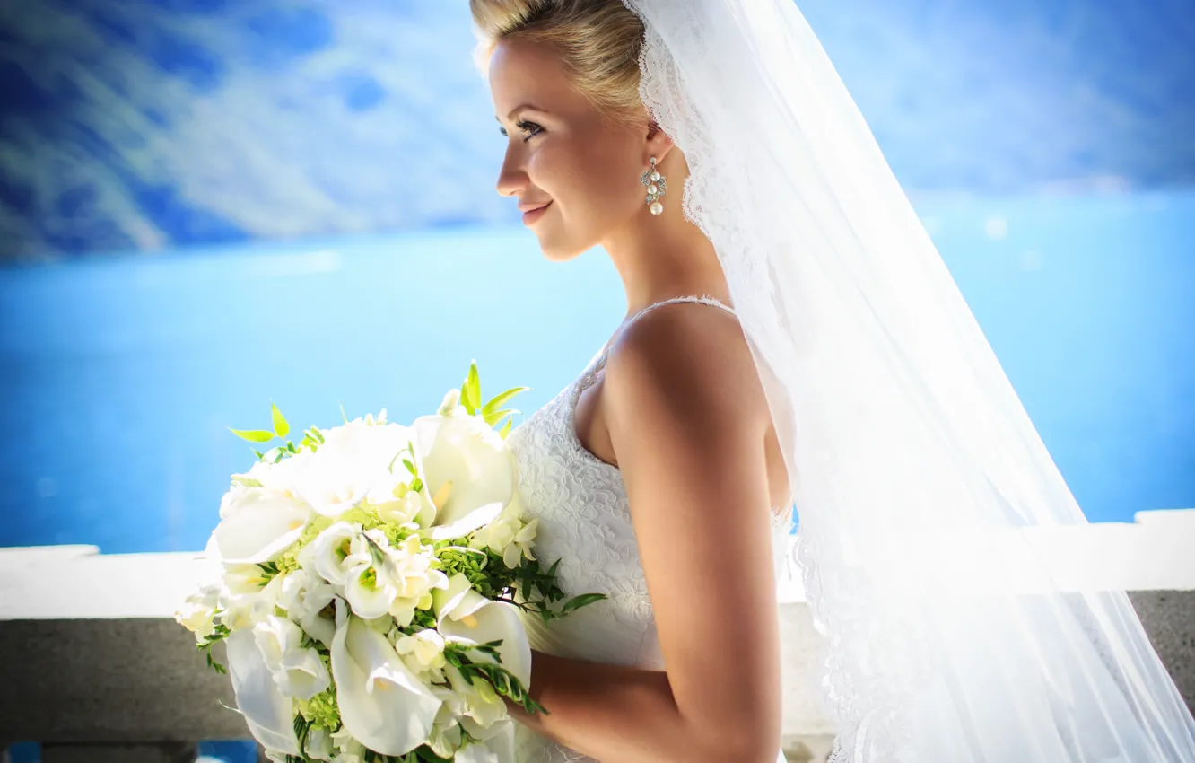 Photo wallpaper girl, blonde, girl, the bride, blonde, wedding bouquet, bride, wedding bouquet