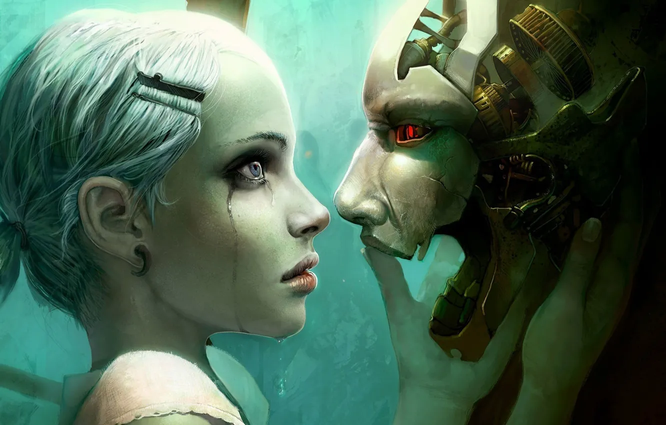 Photo wallpaper girl, robot, mask, tears, helmet, girl, robot, white hair