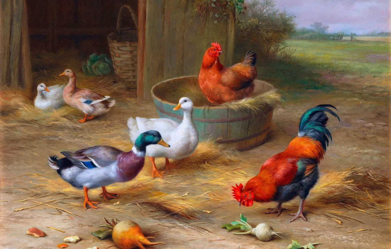 Photo wallpaper Picture, Cock, Chicken, Geese, Edgar Hunt, Edgar Hunt, One field berry, British animal artist