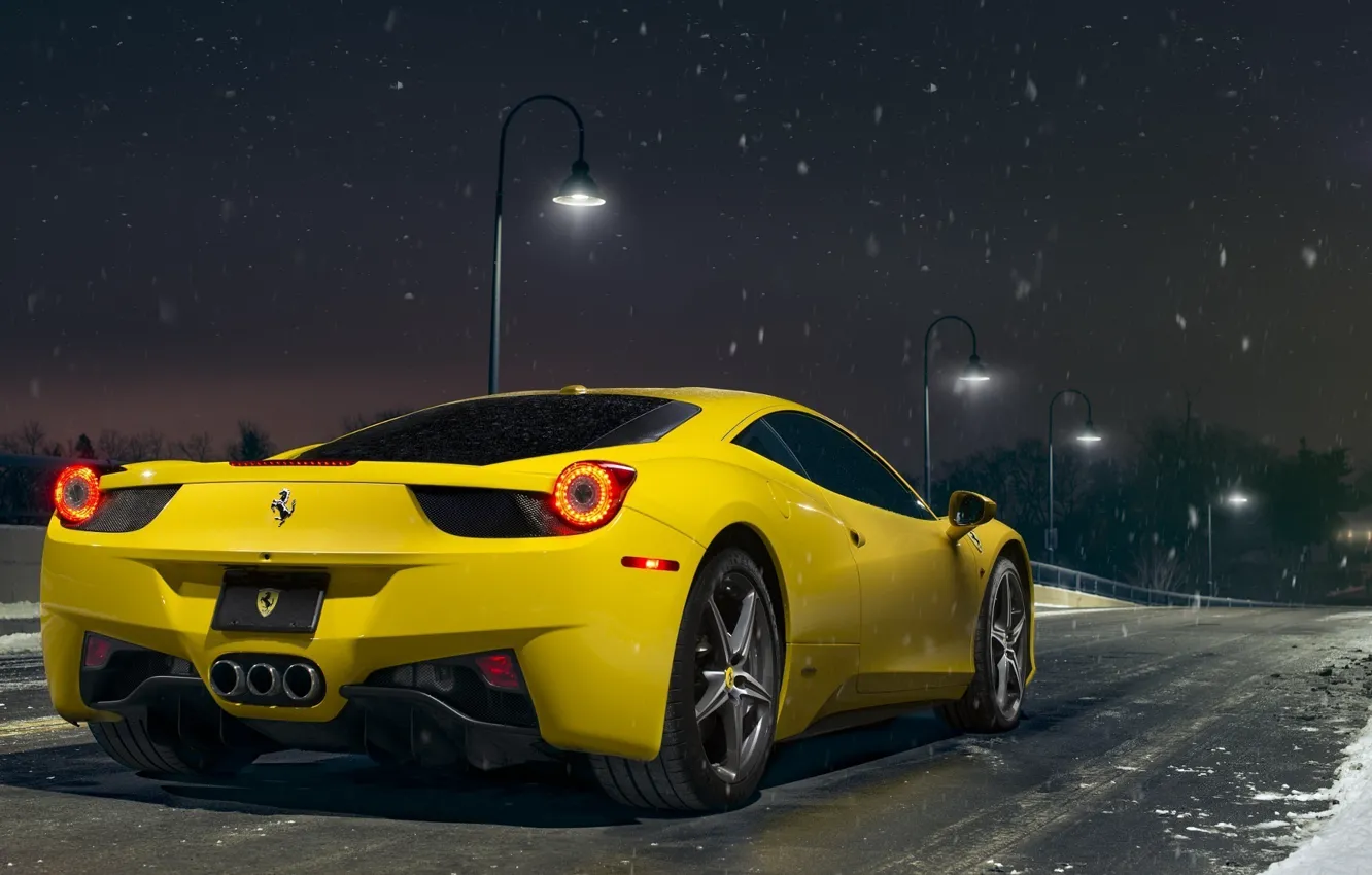 Photo wallpaper Ferrari, 458, Snow, Yellow, Italia, Road, Supercar, Rear