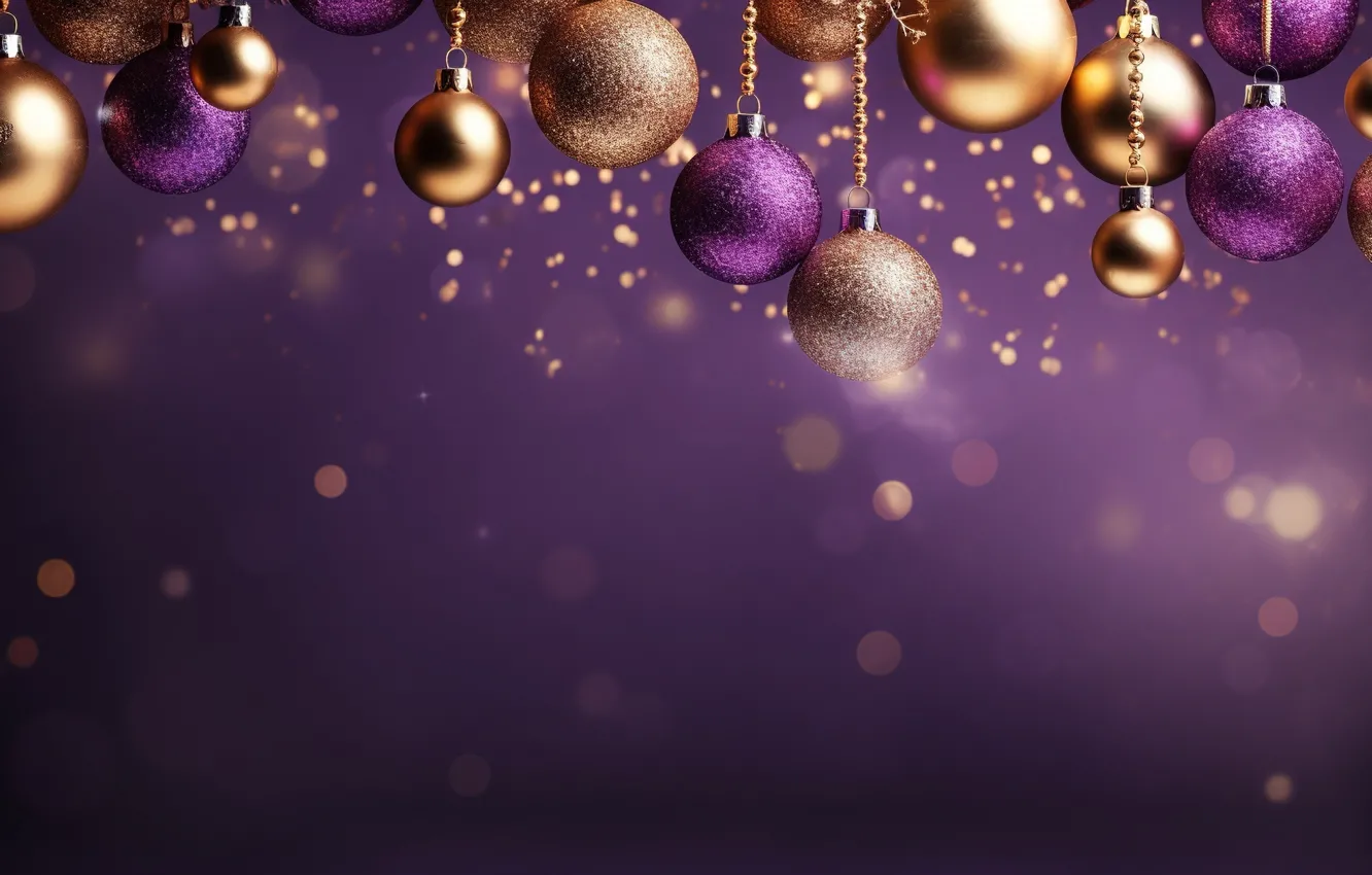 Photo wallpaper purple, decoration, background, balls, New Year, Christmas, golden, new year