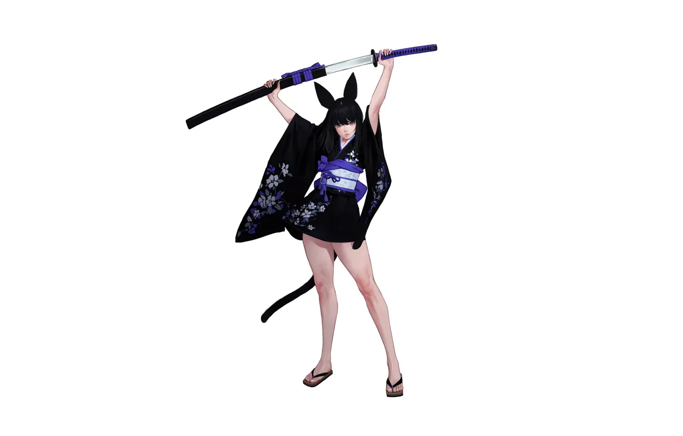 Photo wallpaper girl, sword, white, tail, katana, asian, japanese, kimono