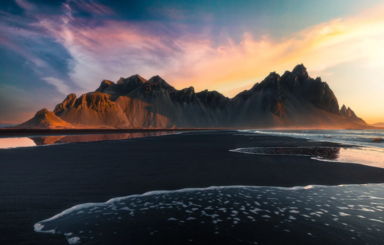 Photo wallpaper sea, clouds, light, mountains, shore, tops, Iceland