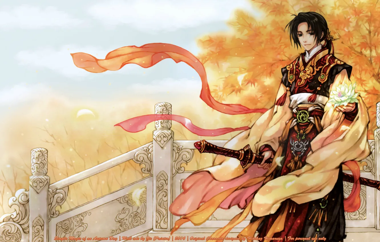 Photo wallpaper the sky, decoration, trees, the wind, China, sword, scarf, railings