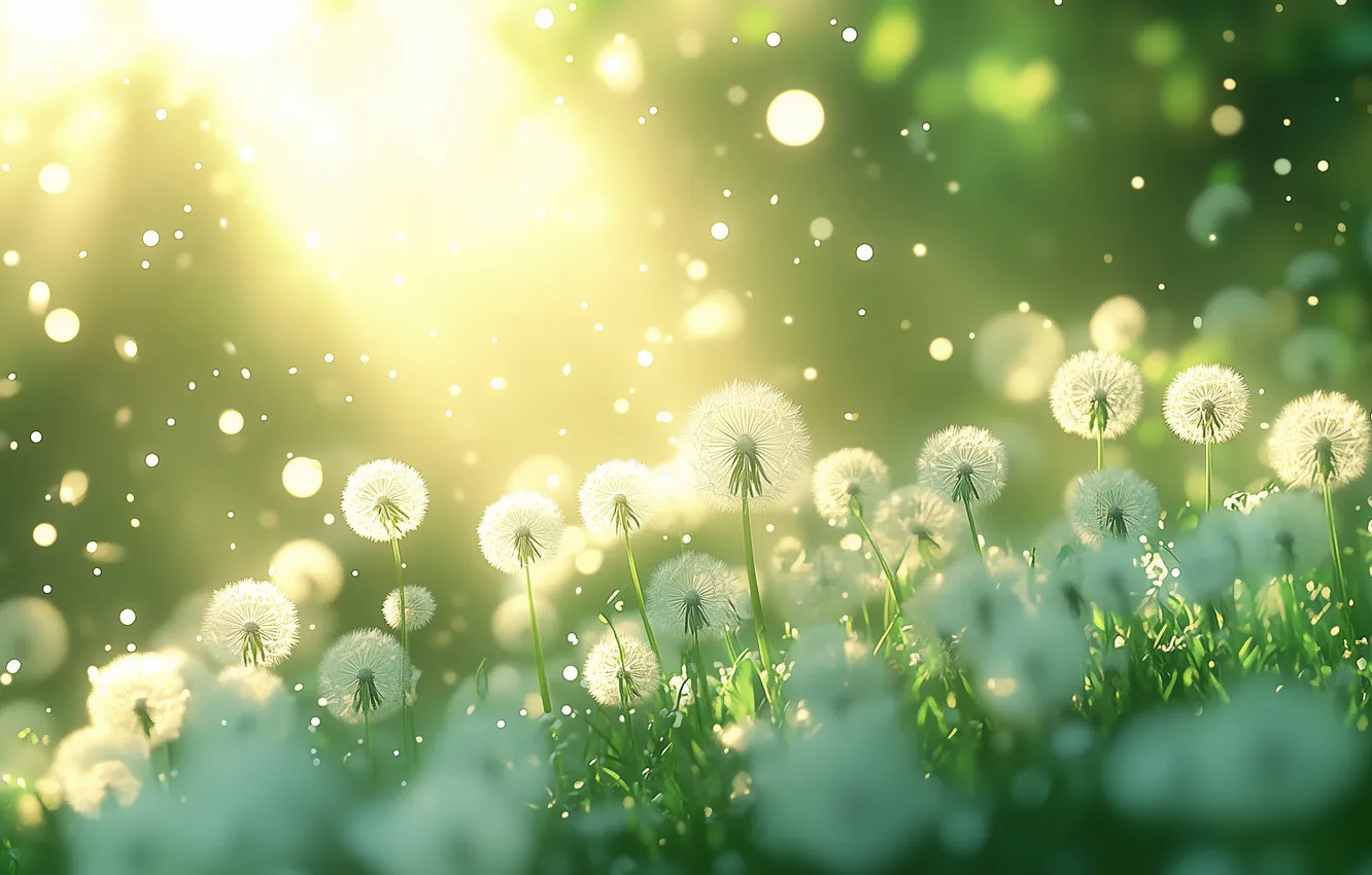 Photo wallpaper field, summer, the sun, rays, light, flowers, nature, dandelion