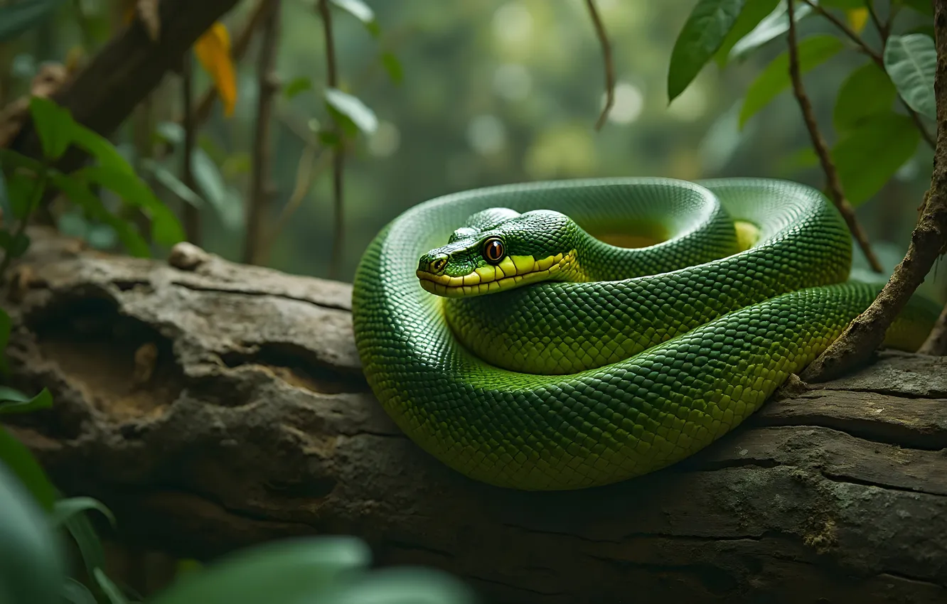 Photo wallpaper forest, leaves, branches, green, snake, Python, log, bokeh