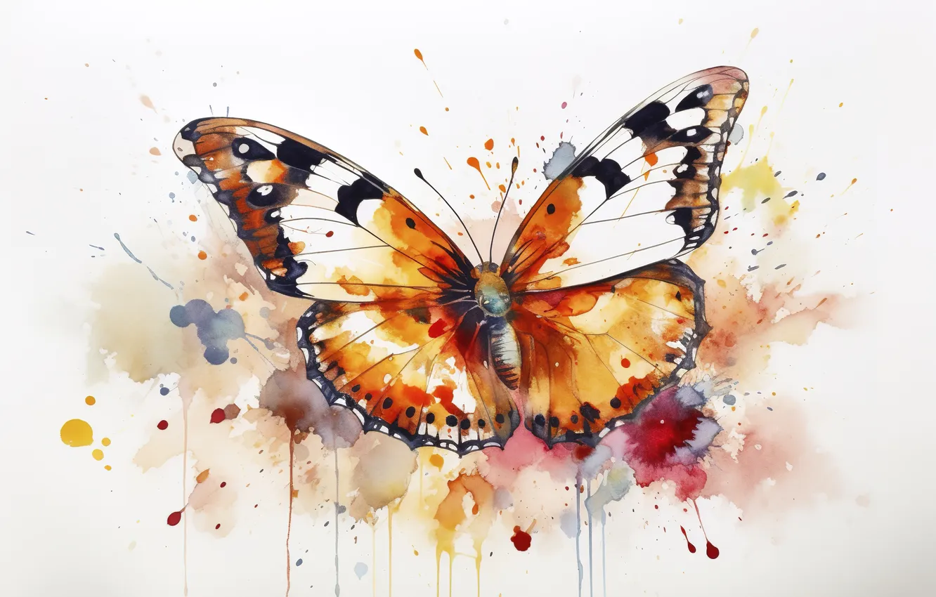 Photo wallpaper butterfly, divorce, watercolor, white background, insect, blots, painting, imitation of watercolor