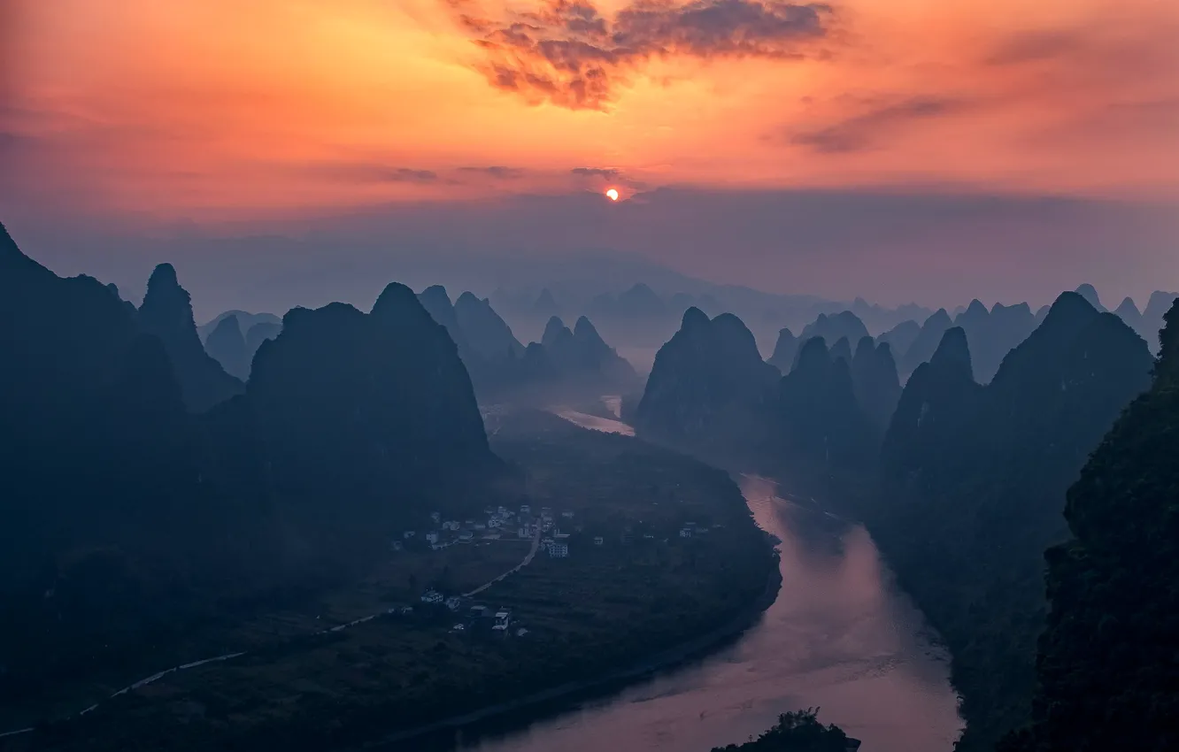 Photo wallpaper the sun, sunset, mountains, river, China, Guangxi