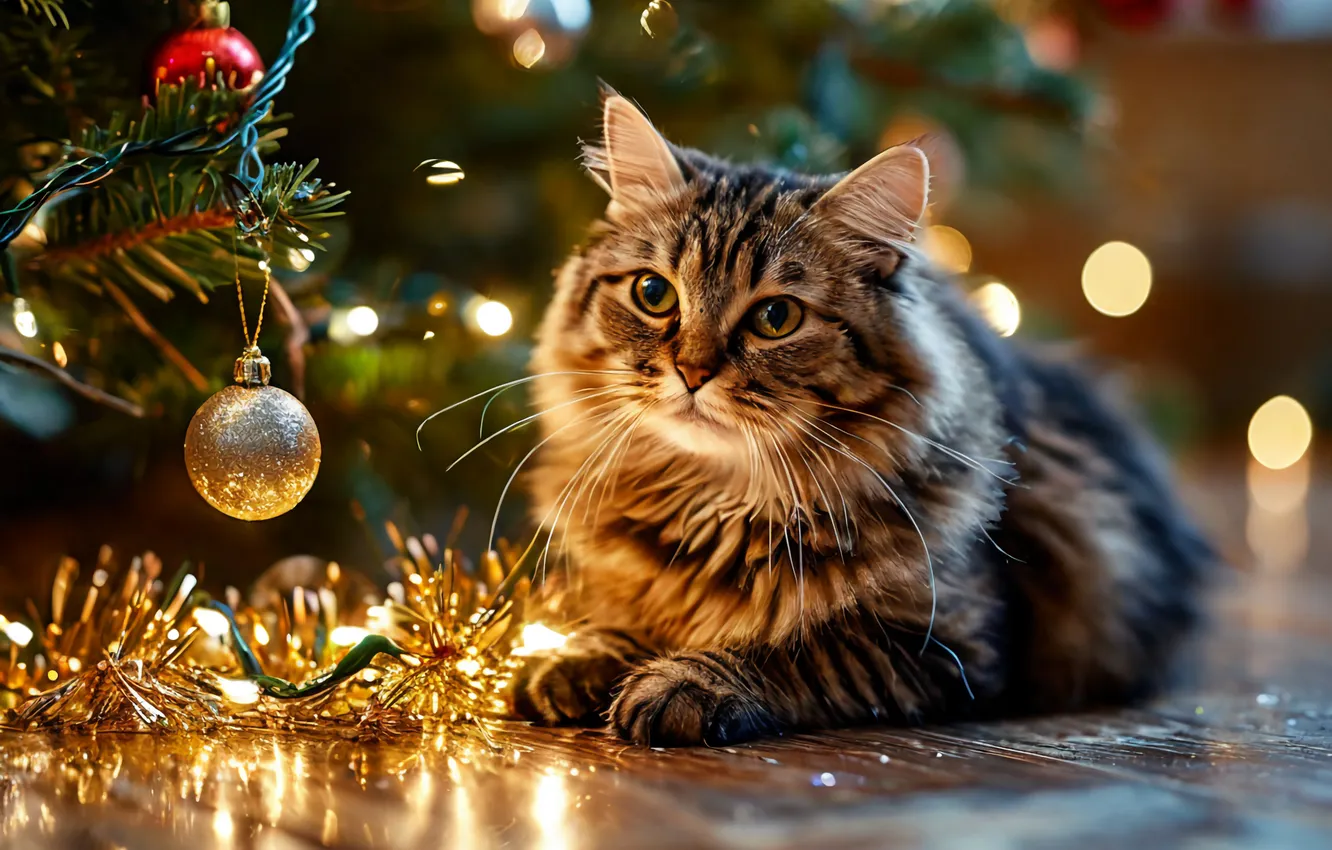Photo wallpaper cat, tree, new year, mesure
