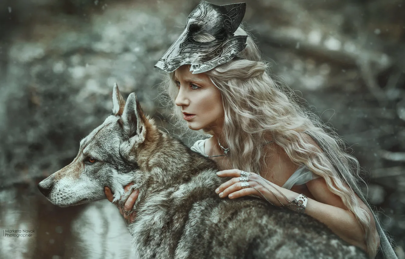 Photo wallpaper girl, face, pose, wolf, dog, mask, blonde, long hair