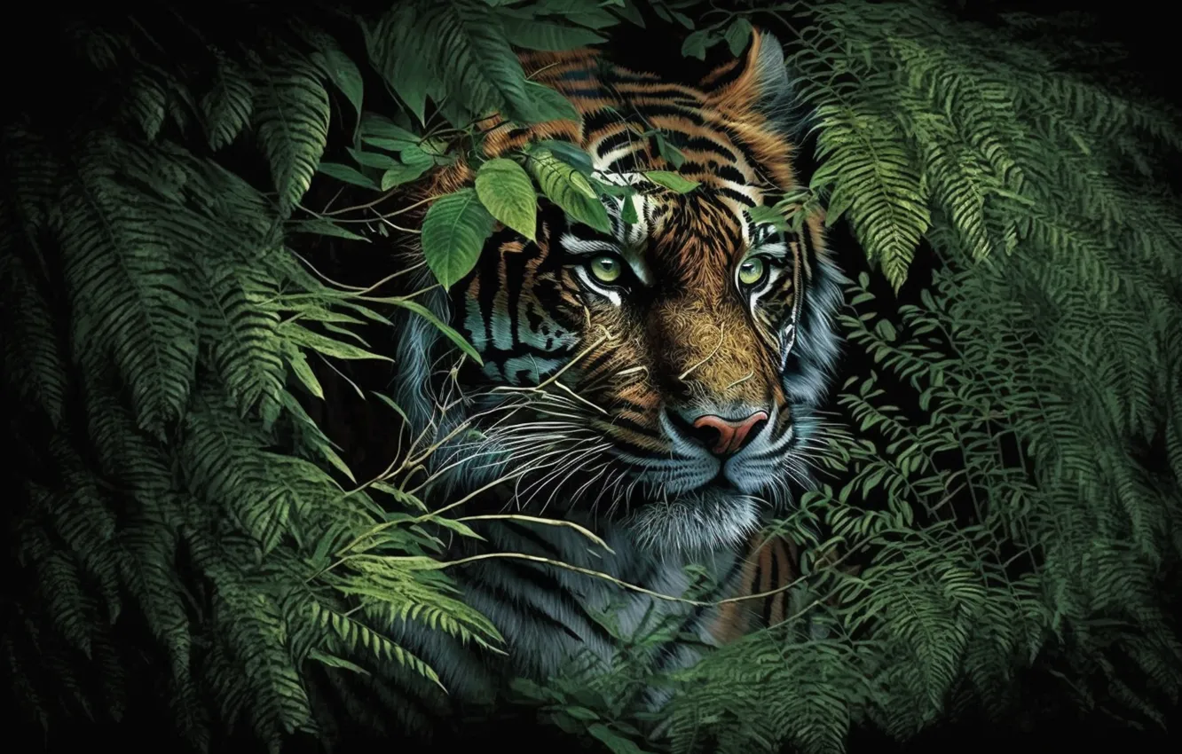 Photo wallpaper Look, Tiger, Mustache, Face, Predator, Jungle, Bengal tiger, Digital art