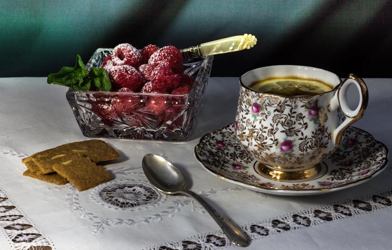 Photo wallpaper berries, raspberry, table, lemon, tea, cookies, spoon, Cup