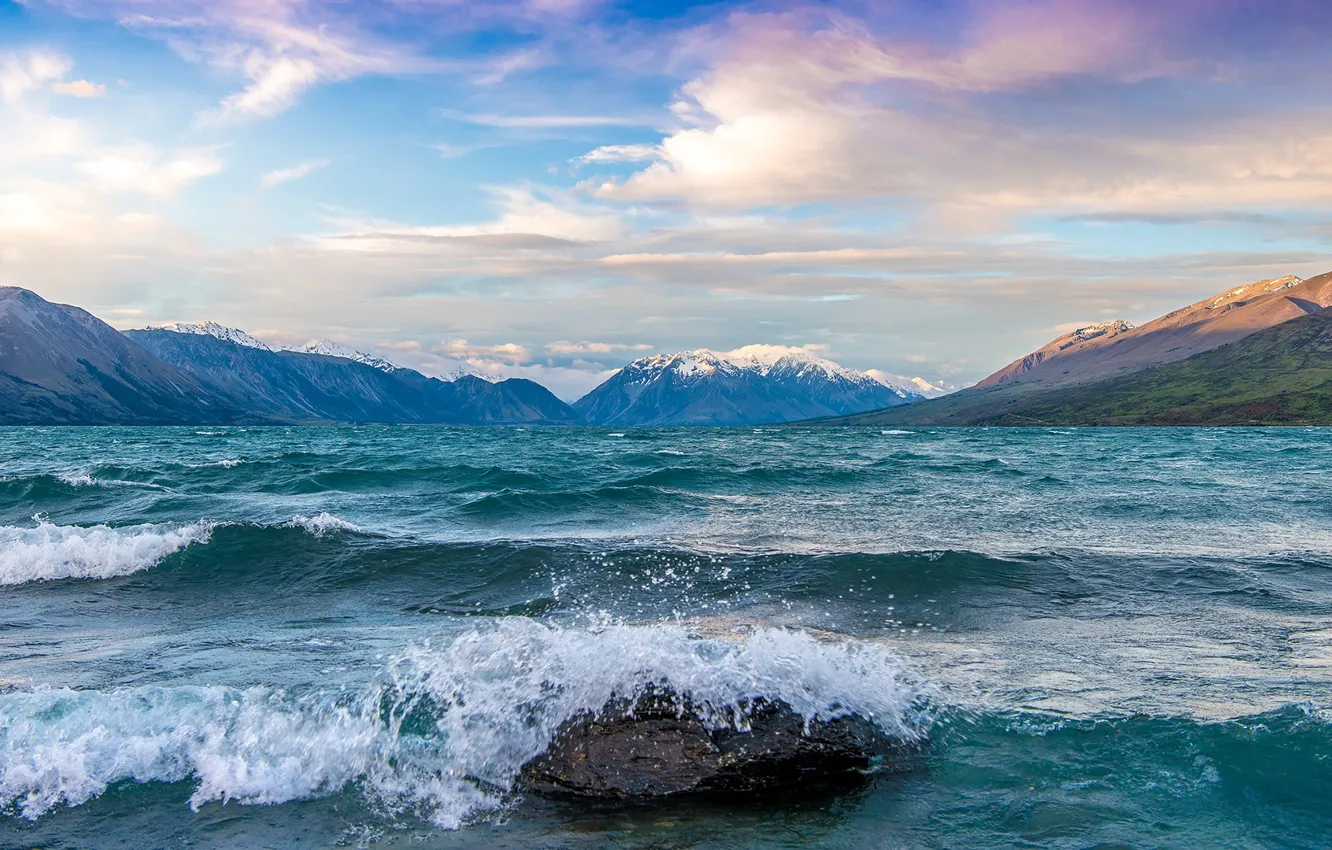 Photo wallpaper wave, squirt, lake, stone, bursts, New Zealand, New Zealand, Dominic Kamp