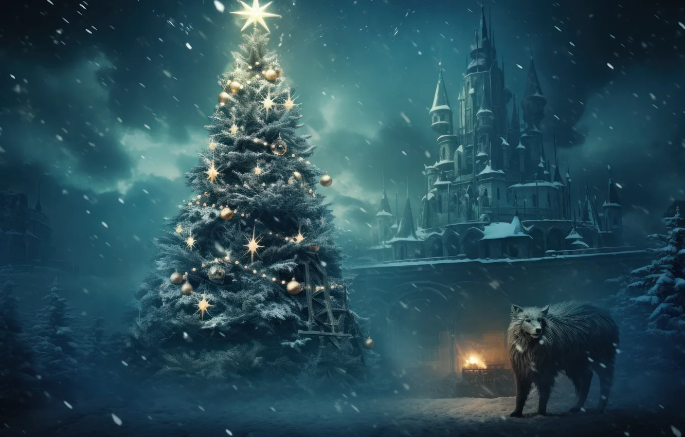 Photo wallpaper winter, snow, night, the dark background, tree, new year, Christmas, herringbone