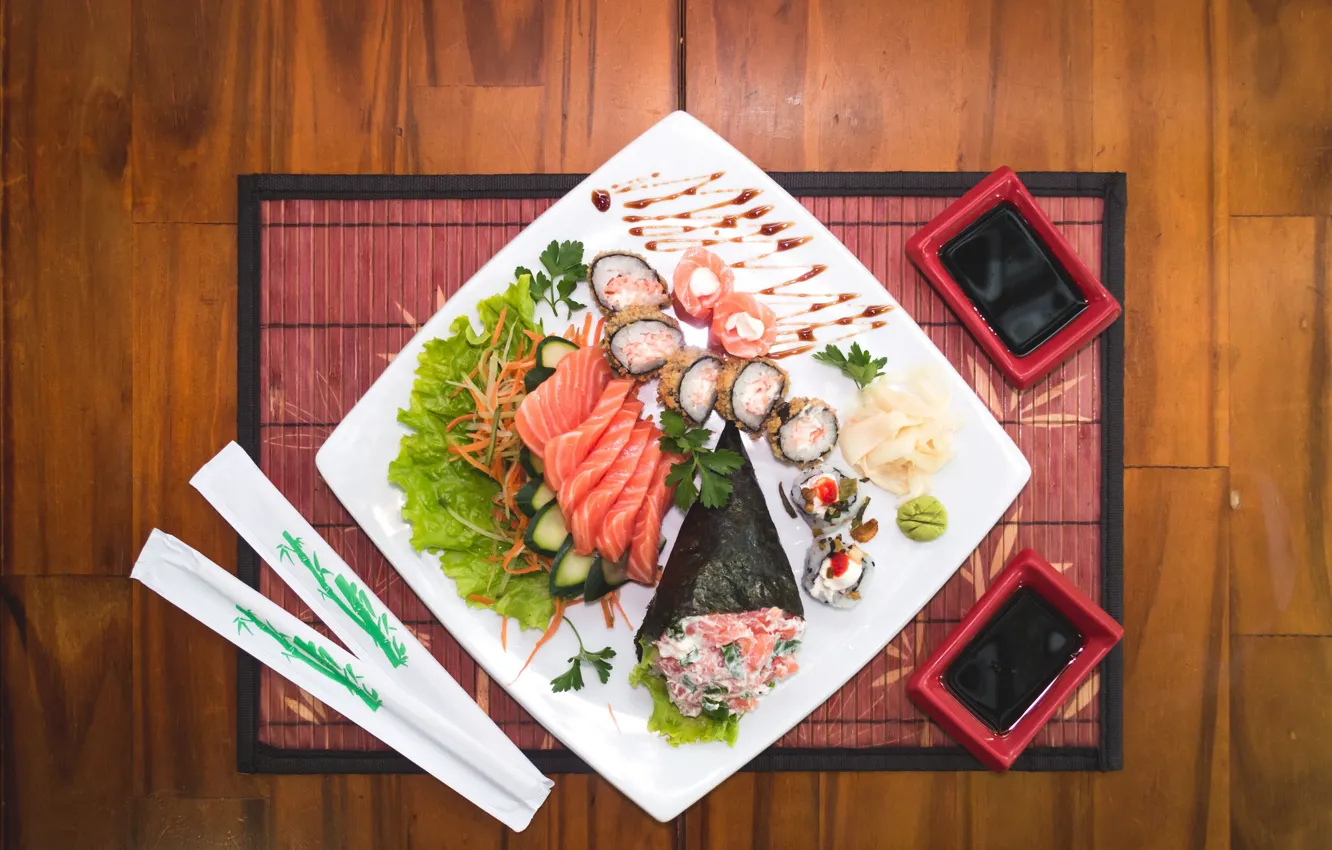 Photo wallpaper food, sushi, chopsticks, sake