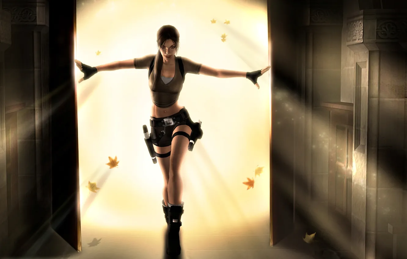 Photo wallpaper girl, fiction, guns, the door, temple, Tomb Raider, Lara Croft, maple leaves