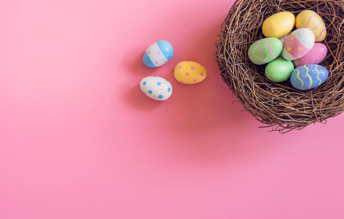 Photo wallpaper basket, eggs, spring, colorful, Easter, wood, pink, spring