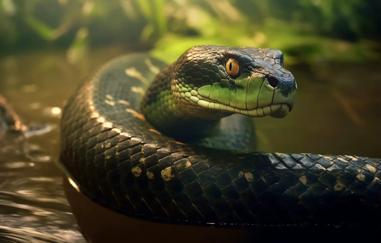 Photo wallpaper Snake, Leaves, Eyes, Face, Jungle, Reptile, Animal, Digital art