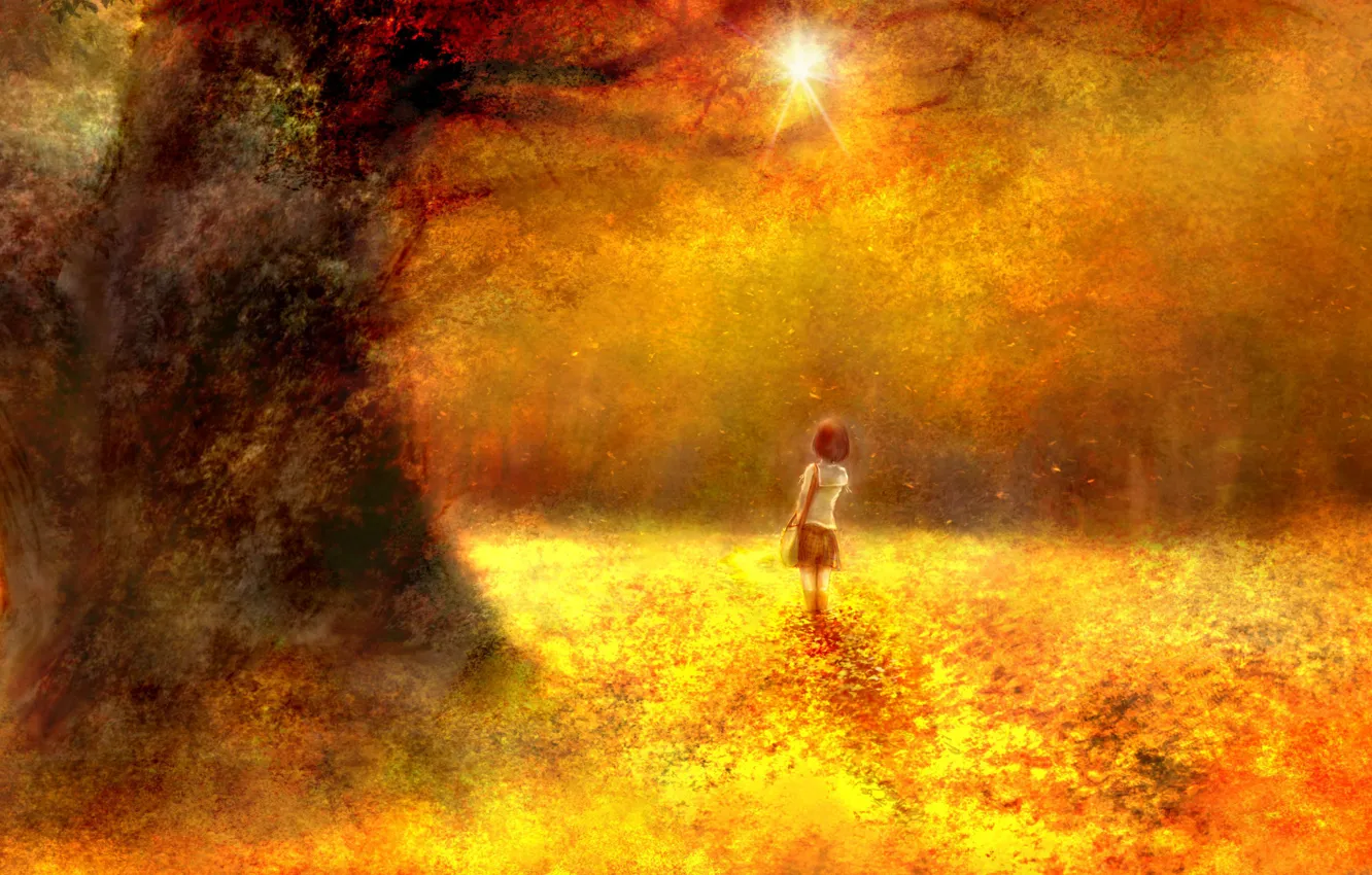Photo wallpaper autumn, forest, girl, schoolgirl, by 00