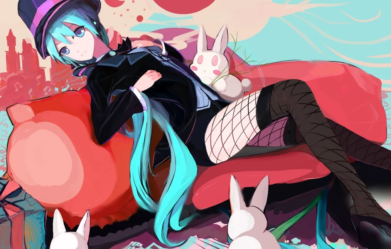 Photo wallpaper look, girl, smile, paint, rabbit, vocaloid, hatsune miku, Vocaloid