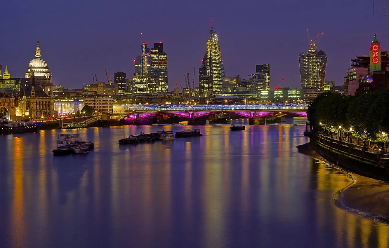 Photo wallpaper lights, England, London, the evening, Thames, twilight, Waterloo Bridge