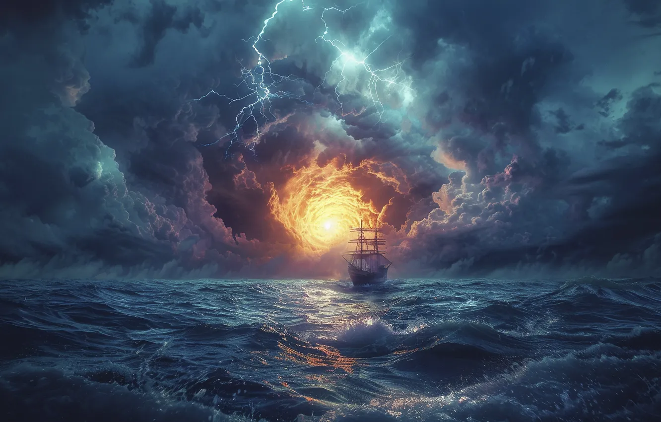 Photo wallpaper Sea, Wave, Ship, Sailboat, The portal, Digital art, AI art, The Art of Artificial Intelligence