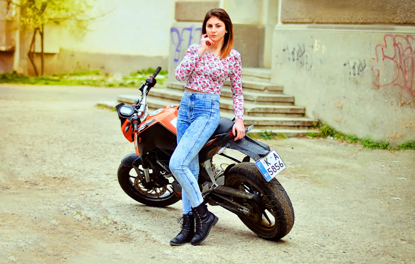 Photo wallpaper Girl, Model, KTM, Bike, Fashion, Portrait, Motorbike, Bulgaria