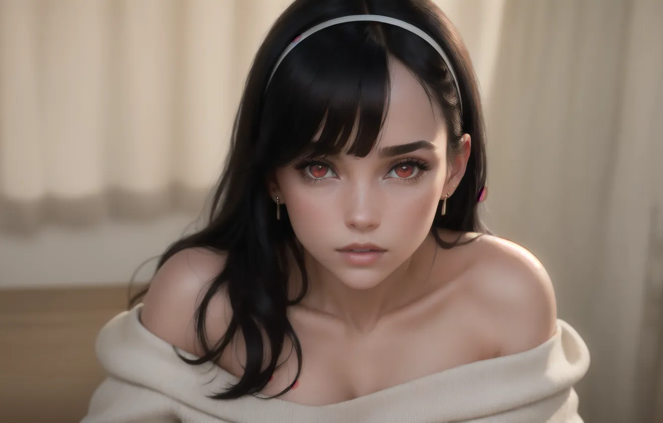 Photo wallpaper red eyes, face, sunlight, black hair, sweater, bare shoulders, Frontal View, looking at viewer
