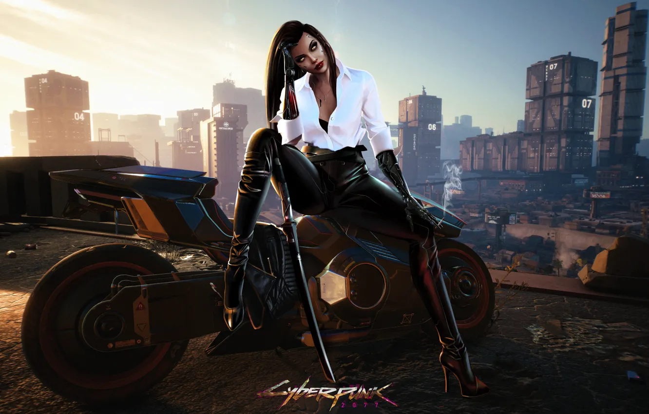Photo wallpaper Girl, The city, The game, Look, Motorcycle, Character, Katana, Cyberpunk 2077