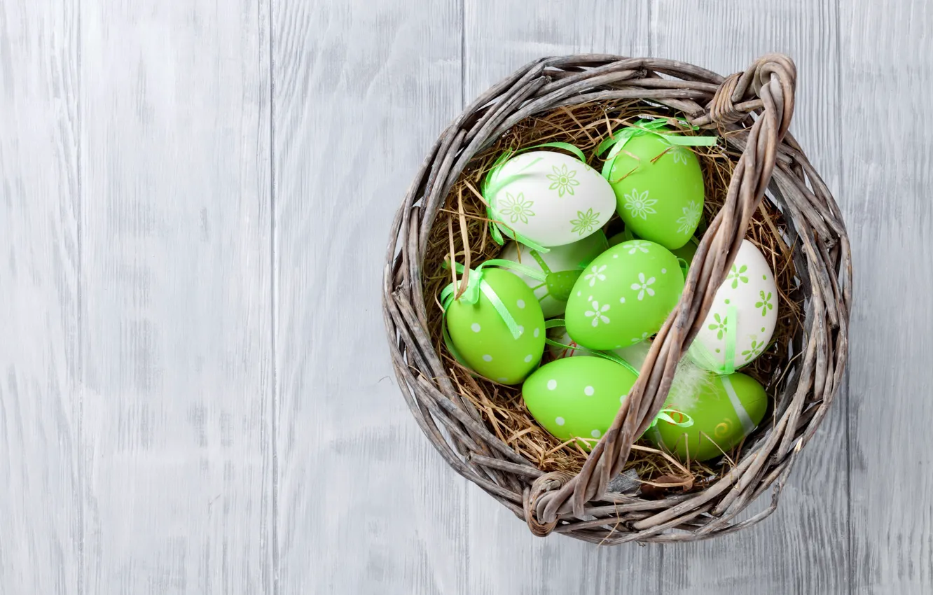 Photo wallpaper Easter, basket, wood, spring, Easter, eggs, decoration, Happy