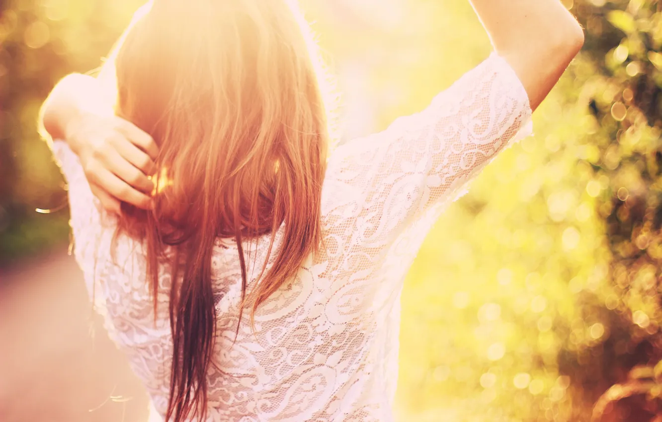 Photo wallpaper girl, the sun, hair, back, bokeh