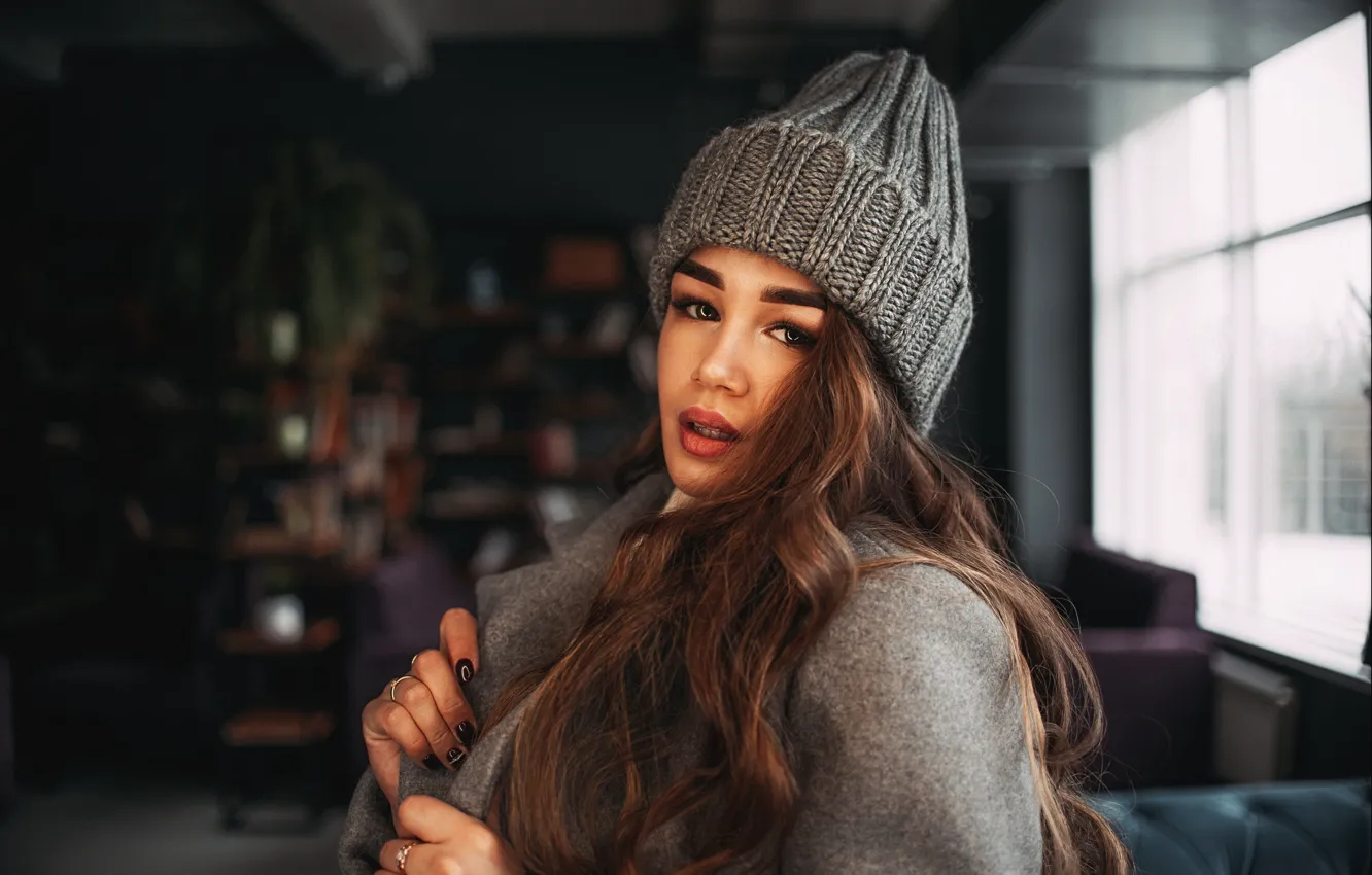 Photo wallpaper look, girl, pose, hat, hair, coat, Sasha Rusko, Jan Kradinov