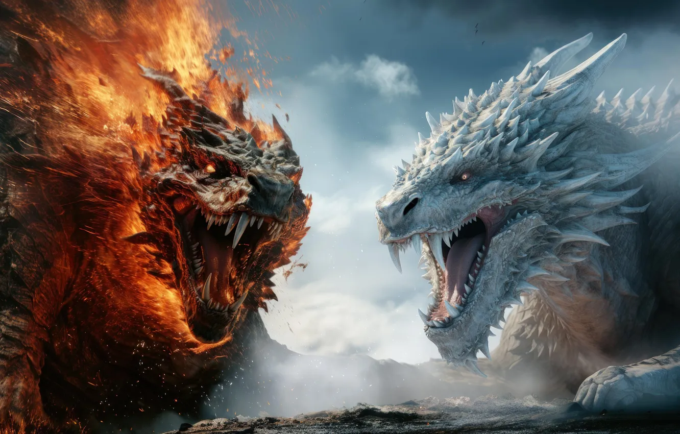 Photo wallpaper fantasy, dragons, icy, Fiery