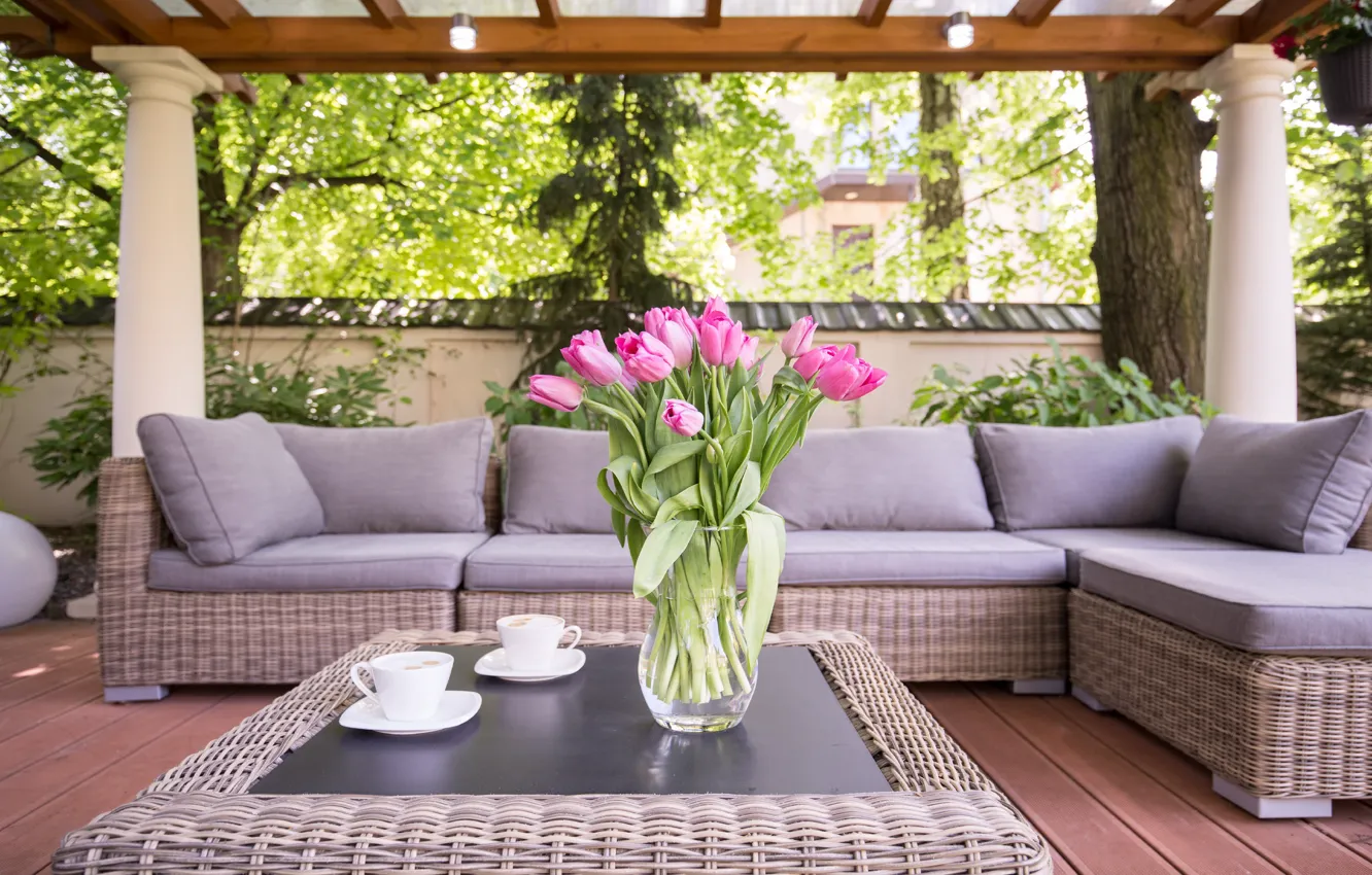 Photo wallpaper flowers, table, furniture, coffee, interior, vase, terrace, space for relax