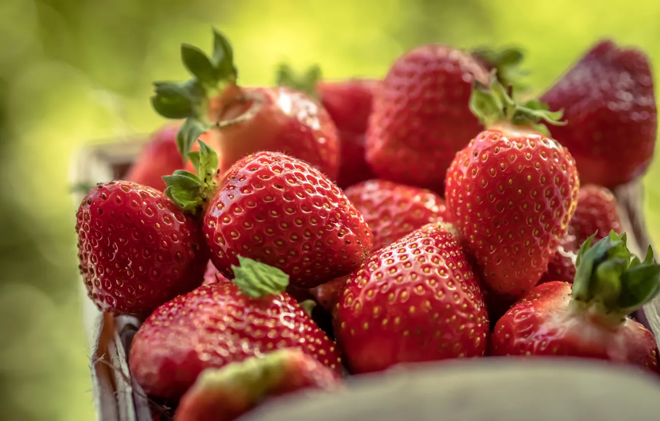 Photo wallpaper summer, berries, box, food, blur, harvest, strawberry, a lot