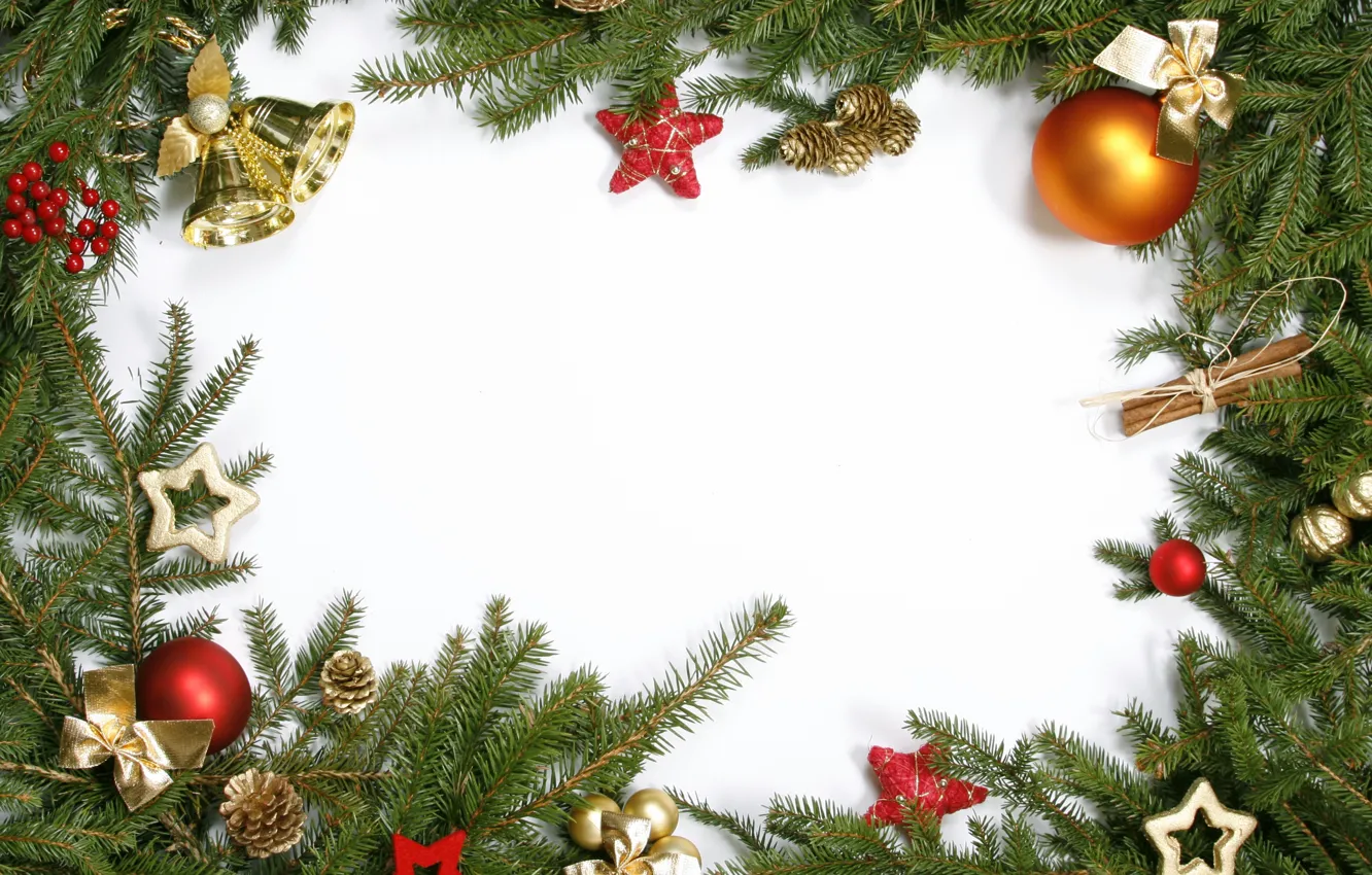 Photo wallpaper branches, berries, cinnamon, bells, stars, bumps, Christmas decorations