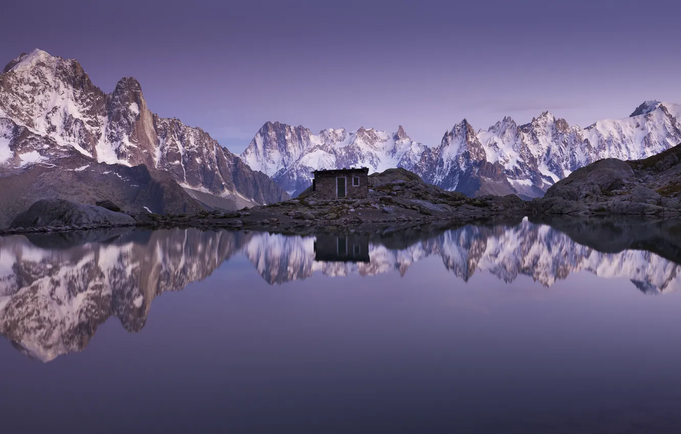 Photo wallpaper mountains, lake, reflection, France, Alps, hut, France, Alps