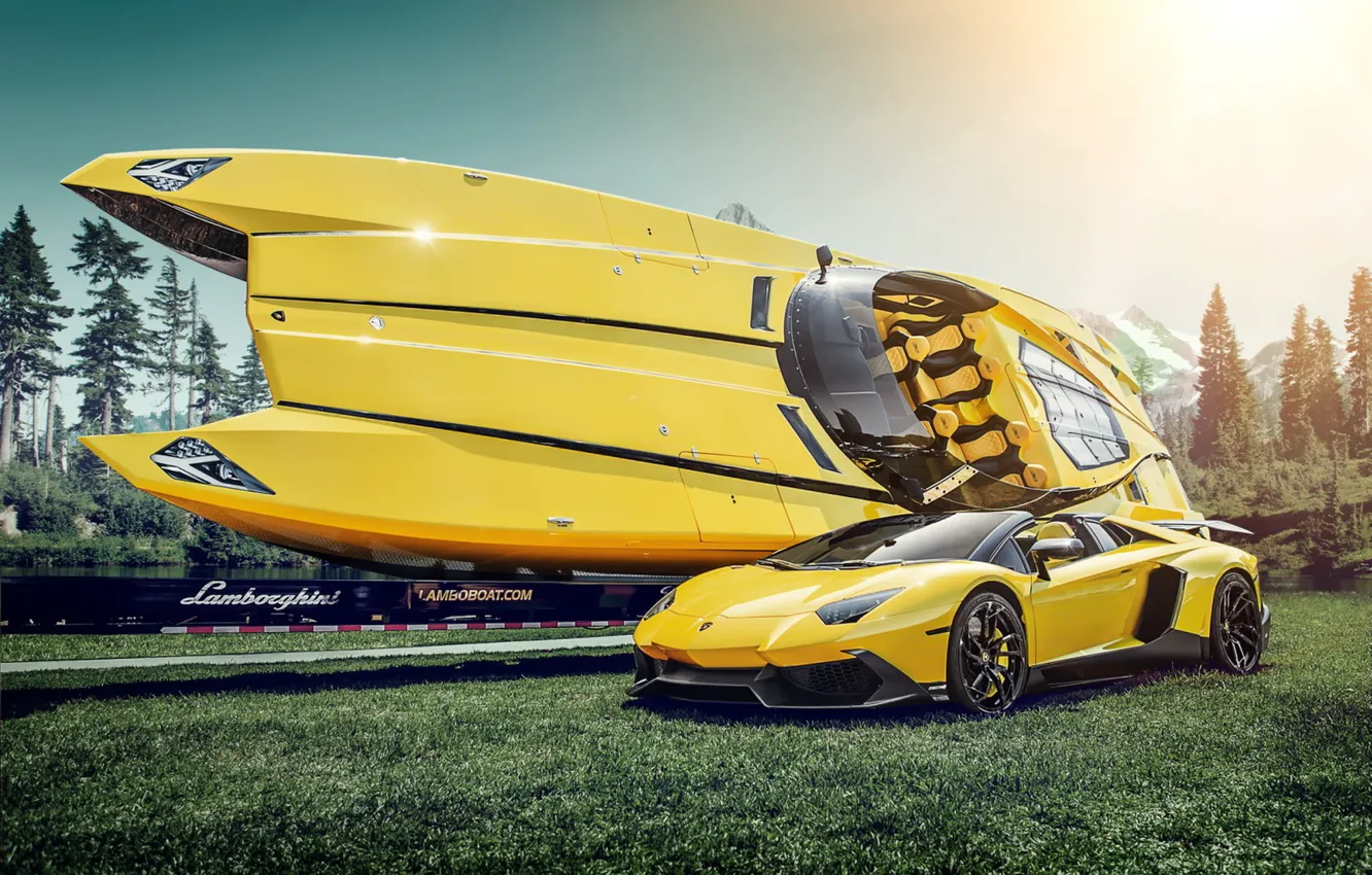Photo wallpaper yellow, boat, supercar, Lamborghini Aventador, Lamborghini Boat
