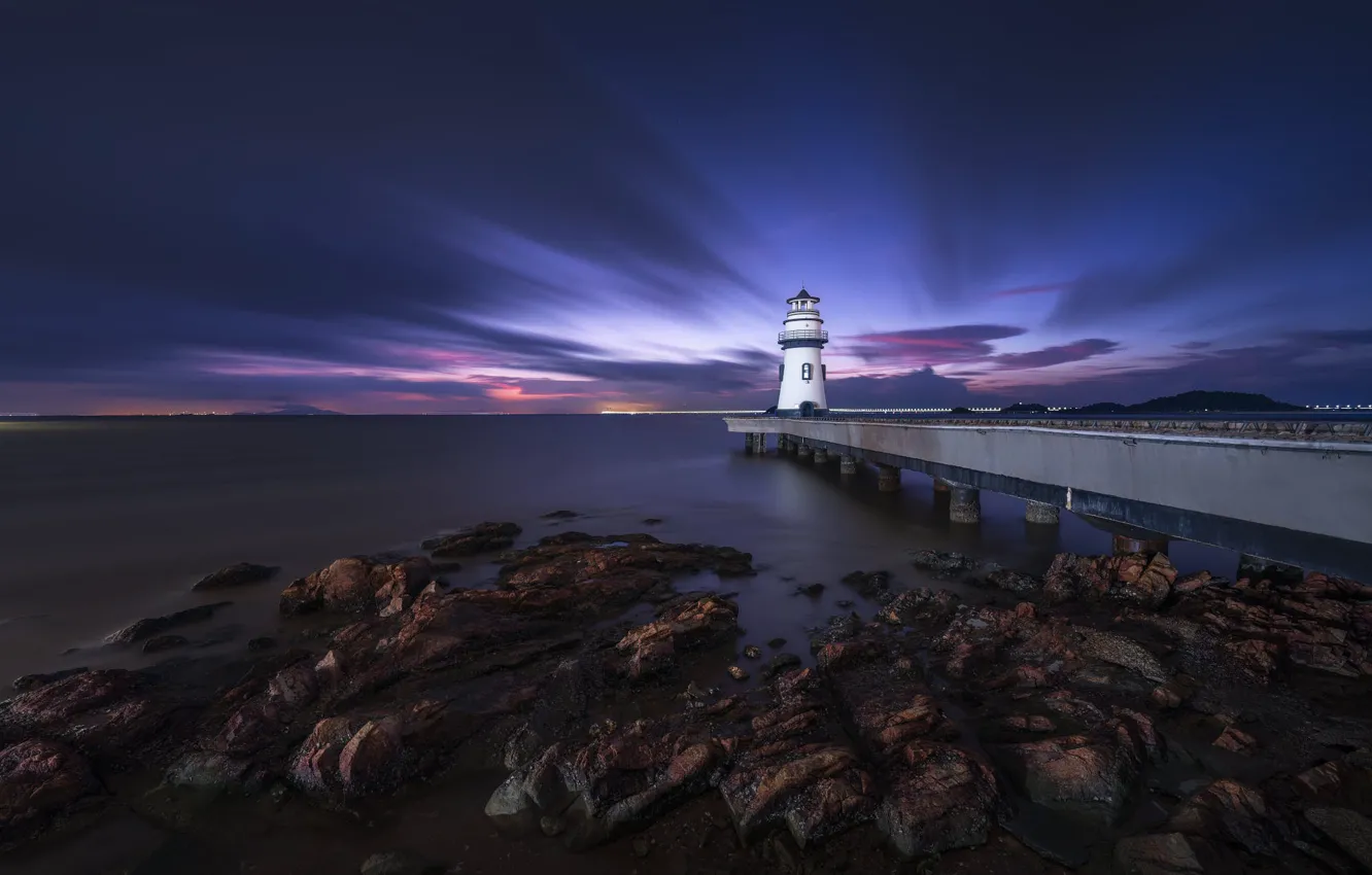 Photo wallpaper sea, night, stones, lighthouse, pierce