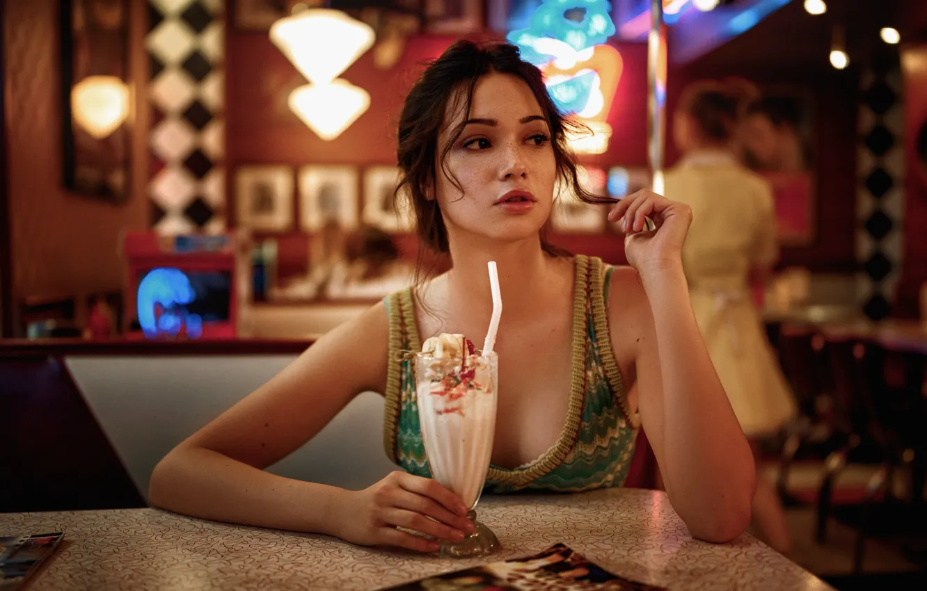 Photo wallpaper girl, sweetheart, portrait, brunette, cocktail, cafe, freckles, beautiful