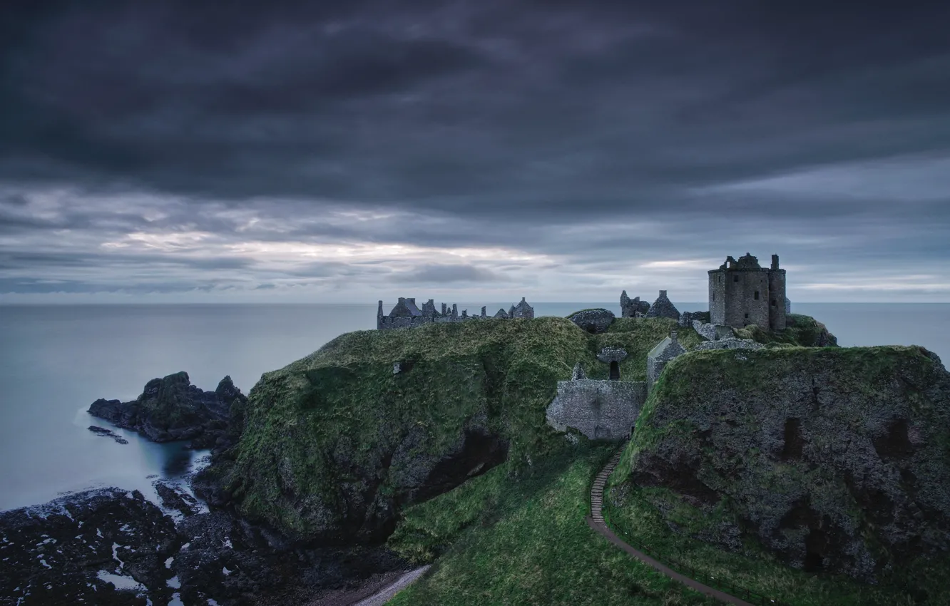 Photo wallpaper sea, the sky, clouds, Scotland, ruins, Dunnottar castle, medieval architecture, Dunnottar сastle