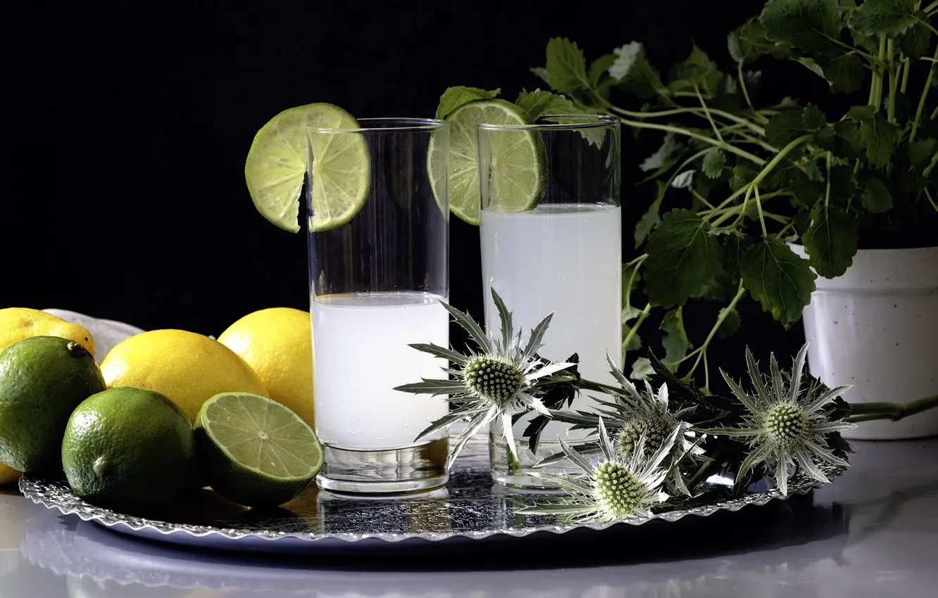 Photo wallpaper glass, lemon, lime, drink, lemonade