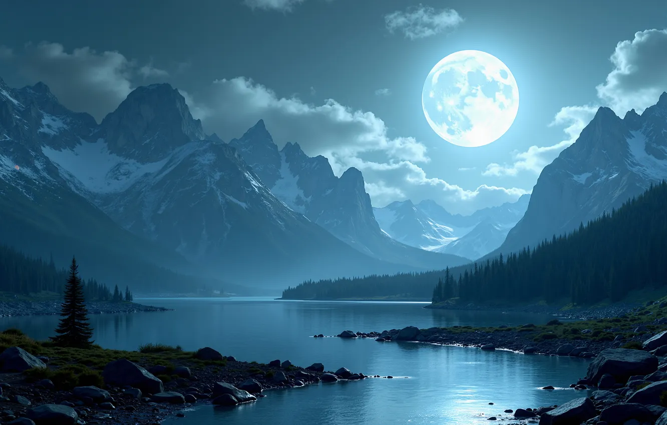 Photo wallpaper moon, nature, water, night