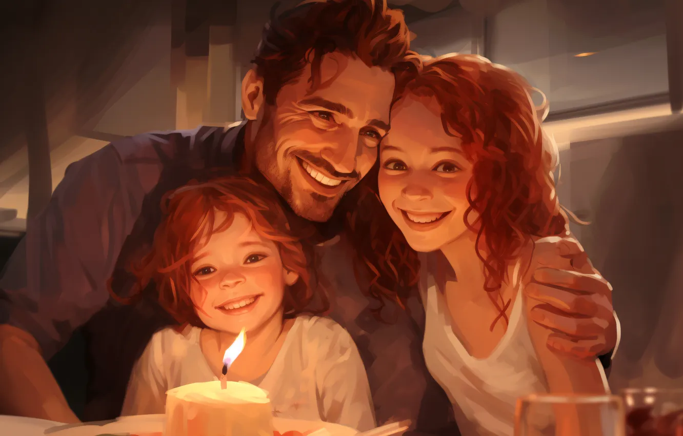 Photo wallpaper new year, family, Christmas, girl, male, three, candle, digital art