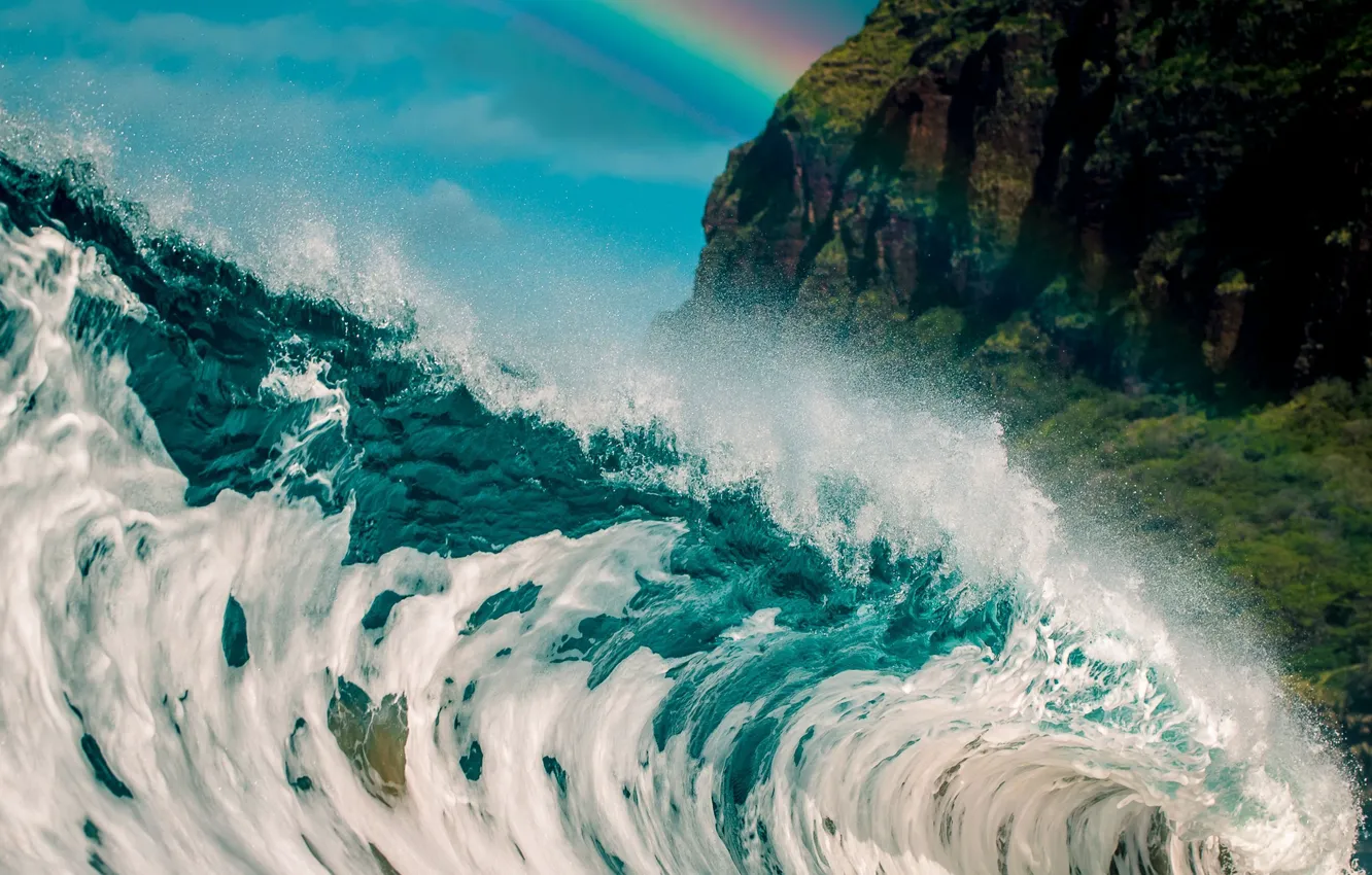 Photo wallpaper sea, wave, mountains, nature, the ocean, rainbow, Hawaii