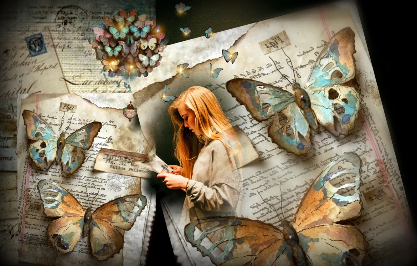 Photo wallpaper girl, butterfly, pose, paper, the dark background, rendering, collage, past